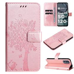 Embossing Butterfly Tree Leather Wallet Case for Motorola Moto G62 5G - Rose Pink