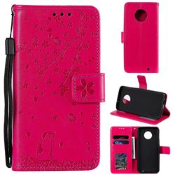 Embossing Cherry Blossom Cat Leather Wallet Case for Motorola Moto G6 Plus G6Plus - Rose