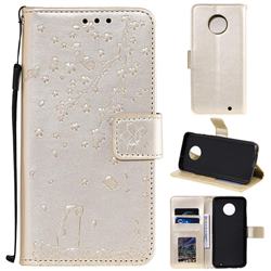 Embossing Cherry Blossom Cat Leather Wallet Case for Motorola Moto G6 Plus G6Plus - Golden