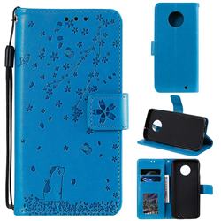 Embossing Cherry Blossom Cat Leather Wallet Case for Motorola Moto G6 Plus G6Plus - Blue
