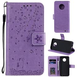 Embossing Cherry Blossom Cat Leather Wallet Case for Motorola Moto G6 Plus G6Plus - Purple