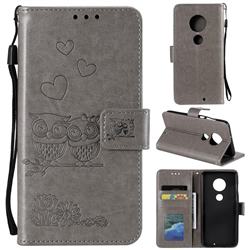 Embossing Owl Couple Flower Leather Wallet Case for Motorola Moto G7 / G7 Plus - Gray