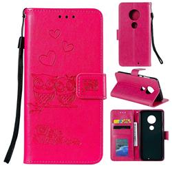Embossing Owl Couple Flower Leather Wallet Case for Motorola Moto G7 / G7 Plus - Red