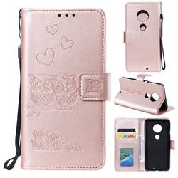 Embossing Owl Couple Flower Leather Wallet Case for Motorola Moto G7 / G7 Plus - Rose Gold