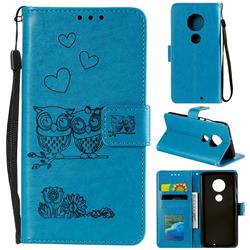 Embossing Owl Couple Flower Leather Wallet Case for Motorola Moto G7 / G7 Plus - Blue