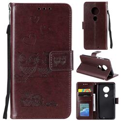 Embossing Owl Couple Flower Leather Wallet Case for Motorola Moto G7 / G7 Plus - Brown
