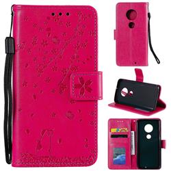 Embossing Cherry Blossom Cat Leather Wallet Case for Motorola Moto G7 / G7 Plus - Rose