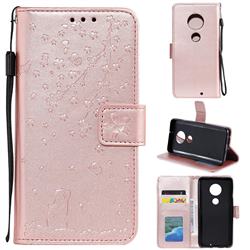 Embossing Cherry Blossom Cat Leather Wallet Case for Motorola Moto G7 / G7 Plus - Rose Gold