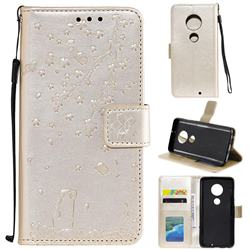 Embossing Cherry Blossom Cat Leather Wallet Case for Motorola Moto G7 / G7 Plus - Golden