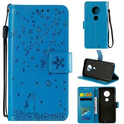 Embossing Cherry Blossom Cat Leather Wallet Case for Motorola Moto G7 / G7 Plus - Blue