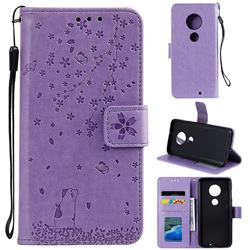 Embossing Cherry Blossom Cat Leather Wallet Case for Motorola Moto G7 / G7 Plus - Purple