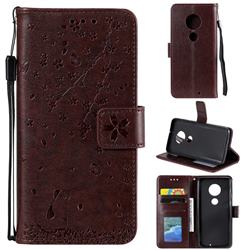 Embossing Cherry Blossom Cat Leather Wallet Case for Motorola Moto G7 / G7 Plus - Brown