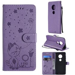 Embossing Bee and Cat Leather Wallet Case for Motorola Moto G7 / G7 Plus - Purple