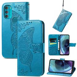 Embossing Mandala Flower Butterfly Leather Wallet Case for Motorola Moto G71 5G - Blue