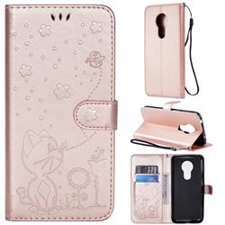 Embossing Bee and Cat Leather Wallet Case for Motorola Moto G7 Power - Rose Gold
