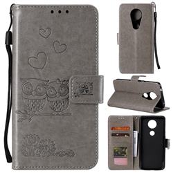 Embossing Owl Couple Flower Leather Wallet Case for Motorola Moto G7 Play - Gray