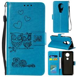 Embossing Owl Couple Flower Leather Wallet Case for Motorola Moto G7 Play - Blue