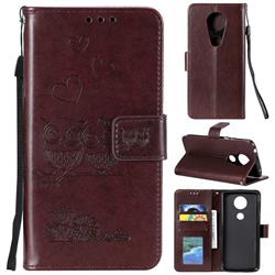Embossing Owl Couple Flower Leather Wallet Case for Motorola Moto G7 Play - Brown