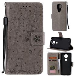 Embossing Cherry Blossom Cat Leather Wallet Case for Motorola Moto G7 Play - Gray