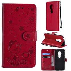 Embossing Bee and Cat Leather Wallet Case for Motorola Moto G7 Play - Red