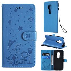 Embossing Bee and Cat Leather Wallet Case for Motorola Moto G7 Play - Blue