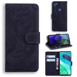 Intricate Embossing Tiger Face Leather Wallet Case for Motorola Moto G8 - Black