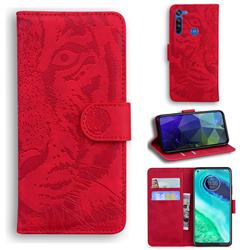 Intricate Embossing Tiger Face Leather Wallet Case for Motorola Moto G8 - Red