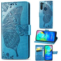 Embossing Mandala Flower Butterfly Leather Wallet Case for Motorola Moto G8 Power - Blue