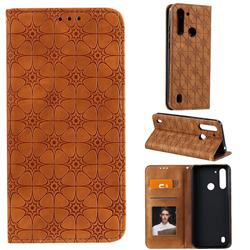 Intricate Embossing Four Leaf Clover Leather Wallet Case for Motorola Moto G8 Power Lite - Yellowish Brown