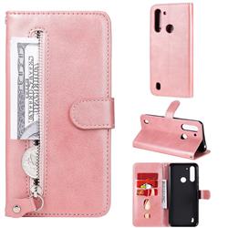Retro Luxury Zipper Leather Phone Wallet Case for Motorola Moto G8 Power Lite - Pink