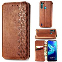 Ultra Slim Fashion Business Card Magnetic Automatic Suction Leather Flip Cover for Motorola Moto G8 Power Lite - Brown