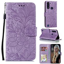 Intricate Embossing Lace Jasmine Flower Leather Wallet Case for Motorola Moto G8 Power Lite - Purple