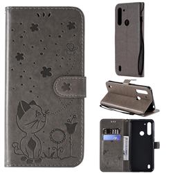 Embossing Bee and Cat Leather Wallet Case for Motorola Moto G8 Power Lite - Gray
