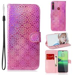 Laser Circle Shining Leather Wallet Phone Case for Motorola Moto G8 Play - Pink