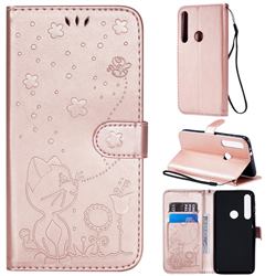 Embossing Bee and Cat Leather Wallet Case for Motorola Moto G8 Play - Rose Gold