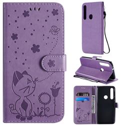 Embossing Bee and Cat Leather Wallet Case for Motorola Moto G8 Play - Purple