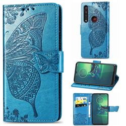 Embossing Mandala Flower Butterfly Leather Wallet Case for Motorola Moto G8 Plus - Blue