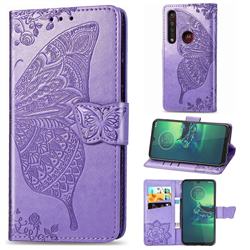 Embossing Mandala Flower Butterfly Leather Wallet Case for Motorola Moto G8 Plus - Light Purple