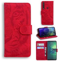 Intricate Embossing Tiger Face Leather Wallet Case for Motorola Moto G8 Plus - Red