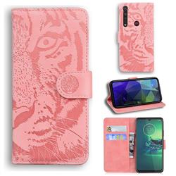 Intricate Embossing Tiger Face Leather Wallet Case for Motorola Moto G8 Plus - Pink