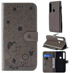 Embossing Bee and Cat Leather Wallet Case for Motorola Moto G8 Plus - Gray