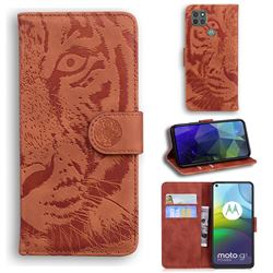 Intricate Embossing Tiger Face Leather Wallet Case for Motorola Moto G9 Power - Brown