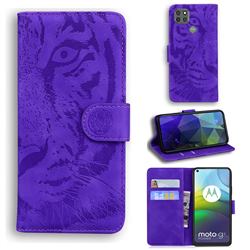 Intricate Embossing Tiger Face Leather Wallet Case for Motorola Moto G9 Power - Purple