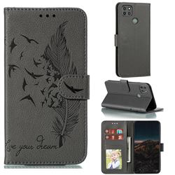 Intricate Embossing Lychee Feather Bird Leather Wallet Case for Motorola Moto G9 Power - Gray