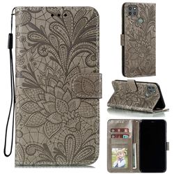 Intricate Embossing Lace Jasmine Flower Leather Wallet Case for Motorola Moto G9 Power - Gray