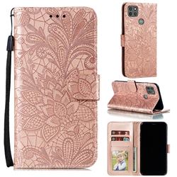 Intricate Embossing Lace Jasmine Flower Leather Wallet Case for Motorola Moto G9 Power - Rose Gold