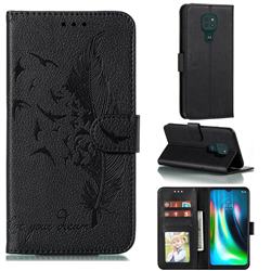 Intricate Embossing Lychee Feather Bird Leather Wallet Case for Motorola Moto G9 Play - Black