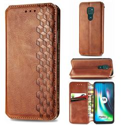Ultra Slim Fashion Business Card Magnetic Automatic Suction Leather Flip Cover for Motorola Moto G9 Play - Brown
