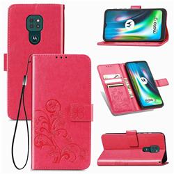 Embossing Imprint Four-Leaf Clover Leather Wallet Case for Motorola Moto G9 Play - Rose Red