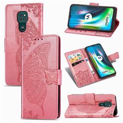 Embossing Mandala Flower Butterfly Leather Wallet Case for Motorola Moto G9 Play - Pink